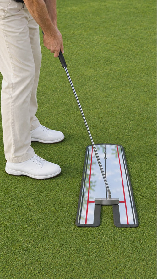 AI-generated illustrative demonstration: golfer rehearsing a short putting stroke with the alignment mirror. Not real customer footage.