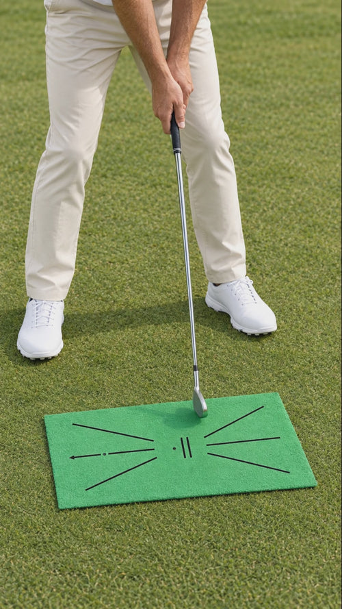 AI-generated illustrative demonstration: golfer rehearsing a controlled club path over the practice mat. Not real customer footage.